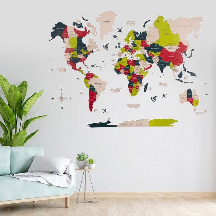 3D Colored Wooden World Map Prime - WoodenTwist