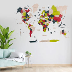 3D Colored Wooden World Map Wild Watermelon Basic - WoodenTwist