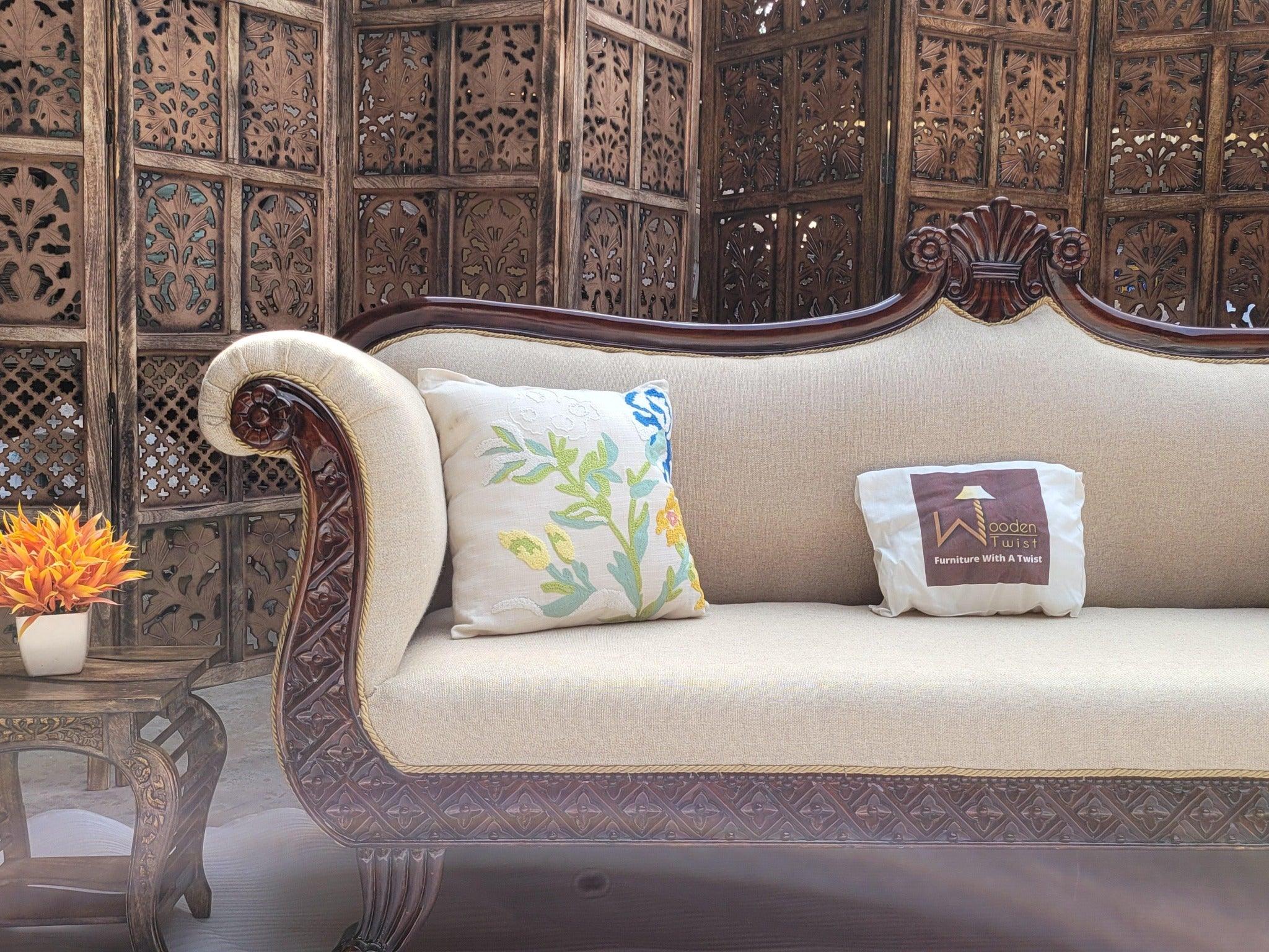 Traditional Wooden Seater Couch for Home Office Chaise Lounge Settee (Teak Wood)