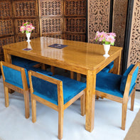 Royal Teak Wood 6 Seater Dining Set In Teal Blue - WoodenTwist