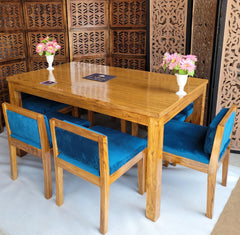 Royal Teak Wood 6 Seater Dining Set In Teal Blue - WoodenTwist