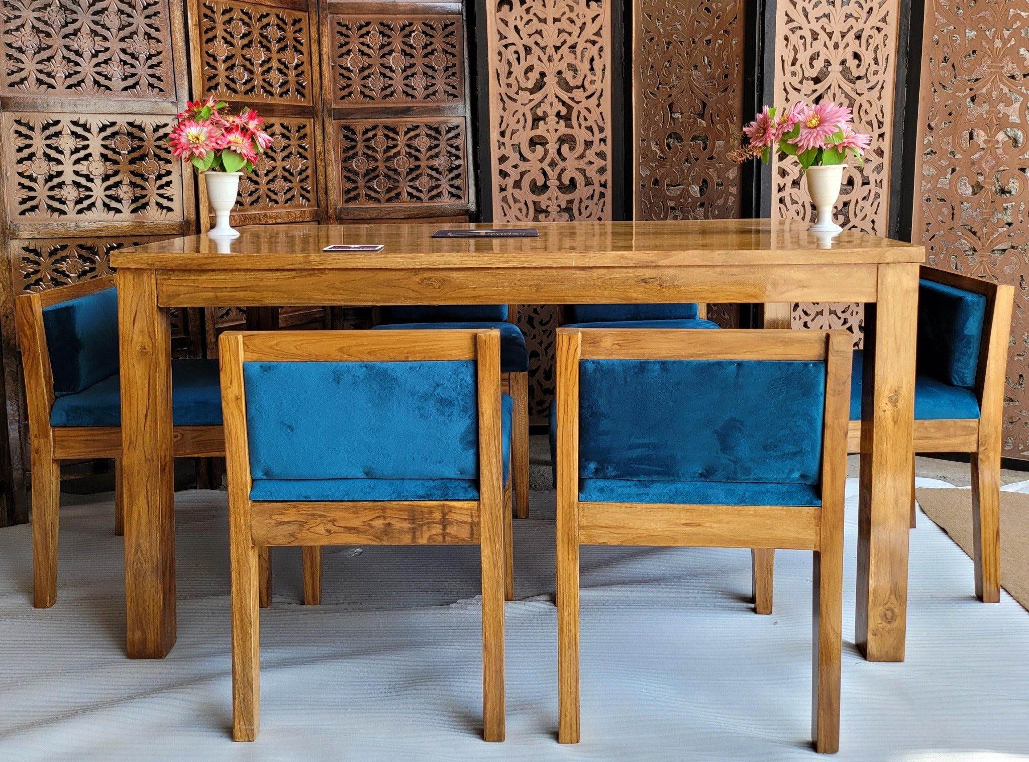 Royal Teak Wood 6 Seater Dining Set In Teal Blue - WoodenTwist