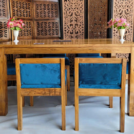 Royal Teak Wood 6 Seater Dining Set In Teal Blue - WoodenTwist