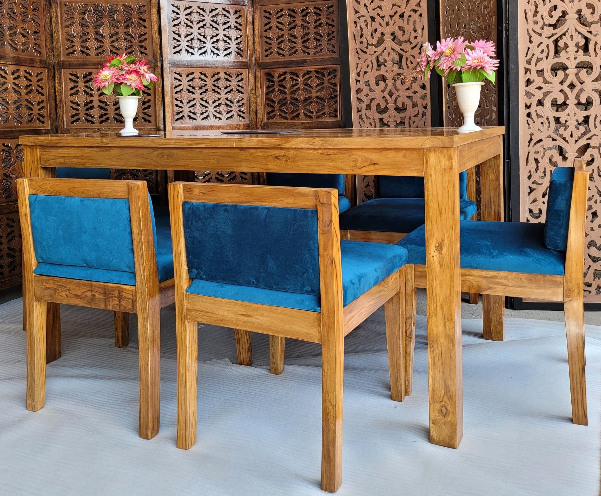 Royal Teak Wood 6 Seater Dining Set In Teal Blue - WoodenTwist