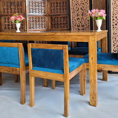 Royal Teak Wood 6 Seater Dining Set In Teal Blue - WoodenTwist