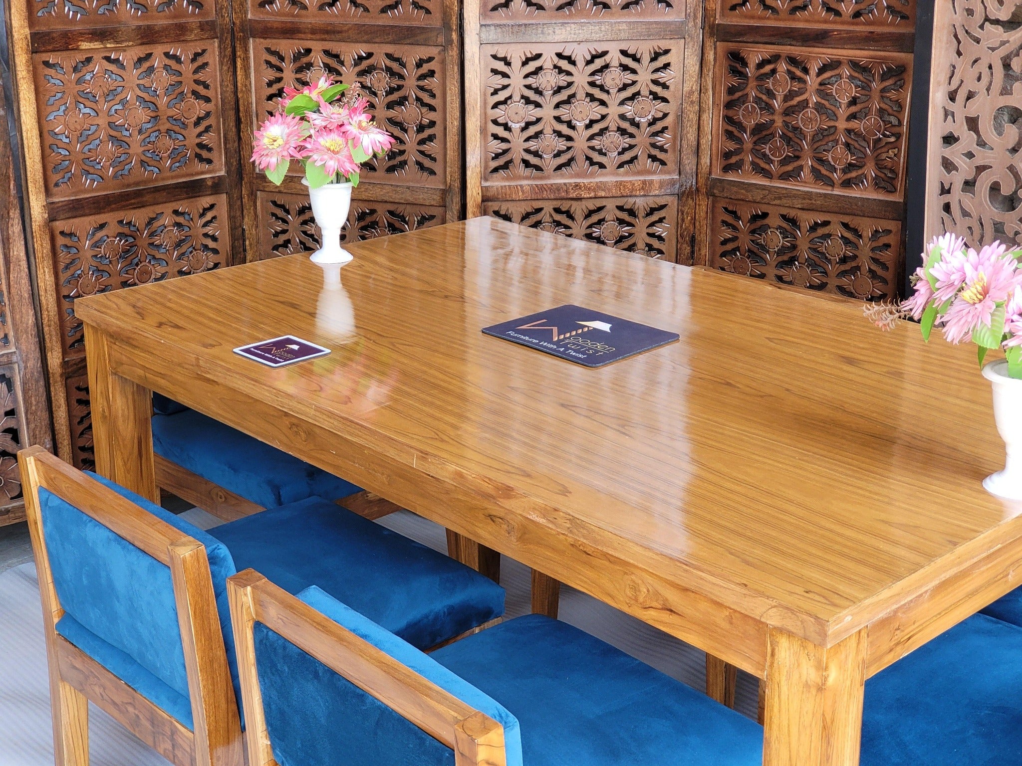 Royal Teak Wood 6 Seater Dining Set In Teal Blue - WoodenTwist