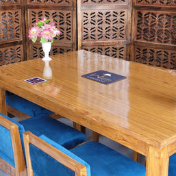 Royal Teak Wood 6 Seater Dining Set In Teal Blue - WoodenTwist