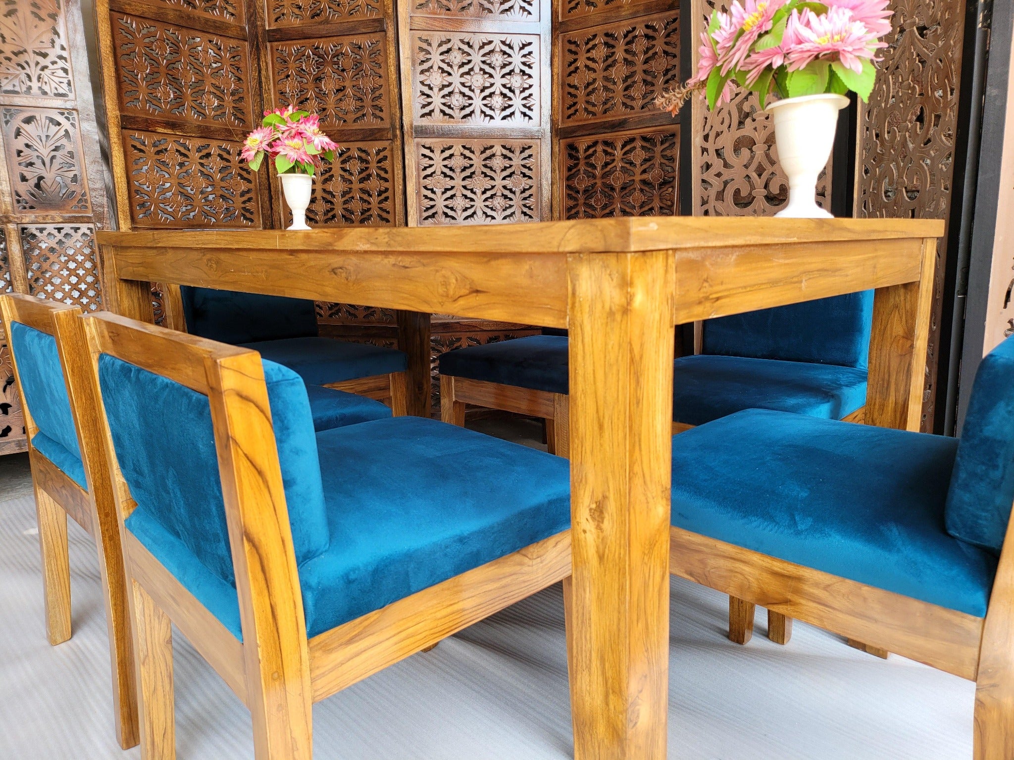 Royal Teak Wood 6 Seater Dining Set In Teal Blue - WoodenTwist