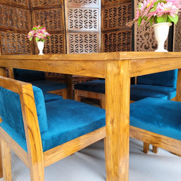 Royal Teak Wood 6 Seater Dining Set In Teal Blue - WoodenTwist