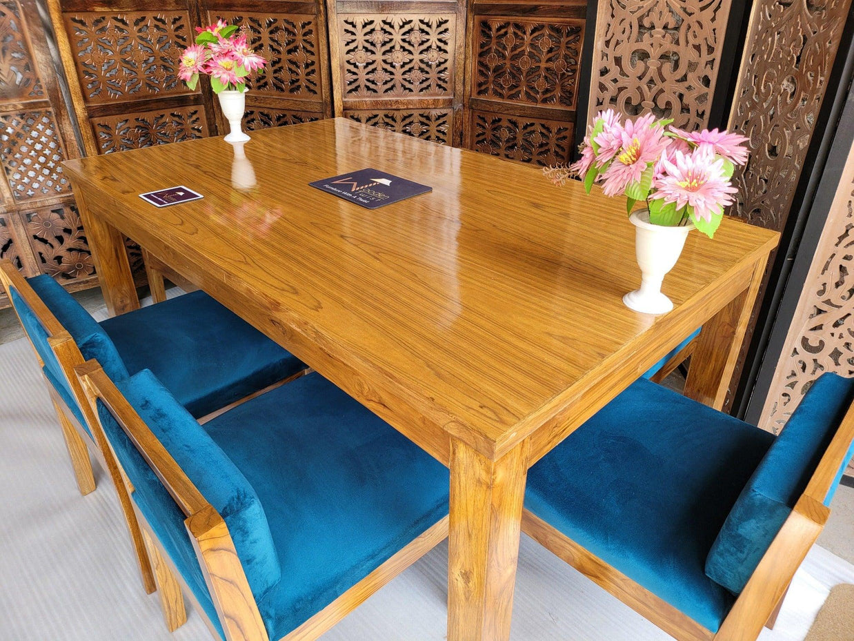 Royal Teak Wood 6 Seater Dining Set In Teal Blue - WoodenTwist