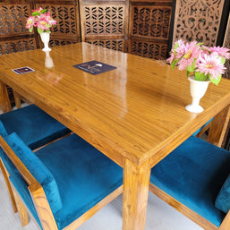 Royal Teak Wood 6 Seater Dining Set In Teal Blue - WoodenTwist