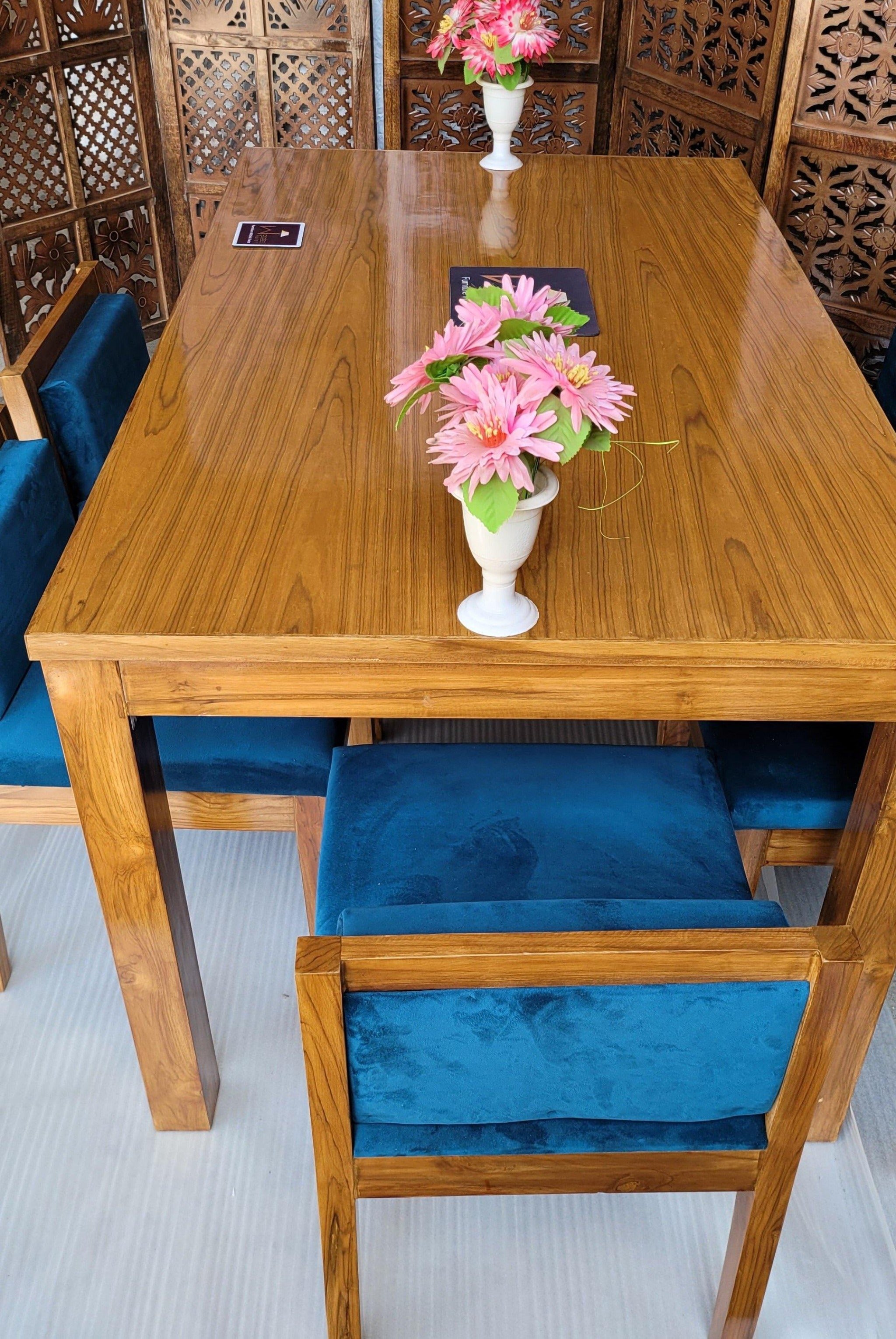 Royal Teak Wood 6 Seater Dining Set In Teal Blue - WoodenTwist