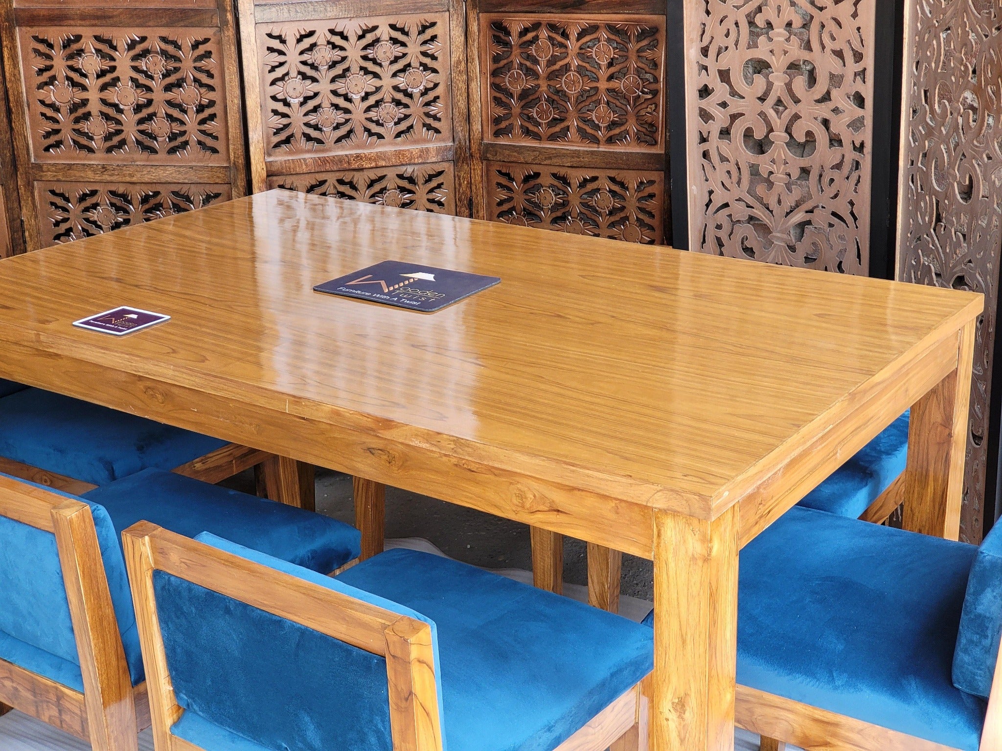 Royal Teak Wood 6 Seater Dining Set In Teal Blue - WoodenTwist