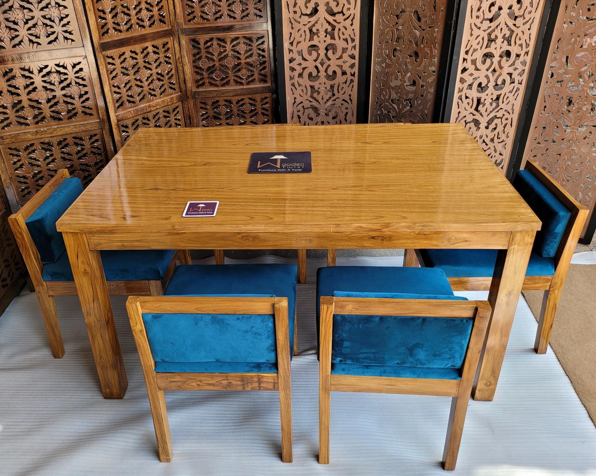 Royal Teak Wood 6 Seater Dining Set In Teal Blue - WoodenTwist