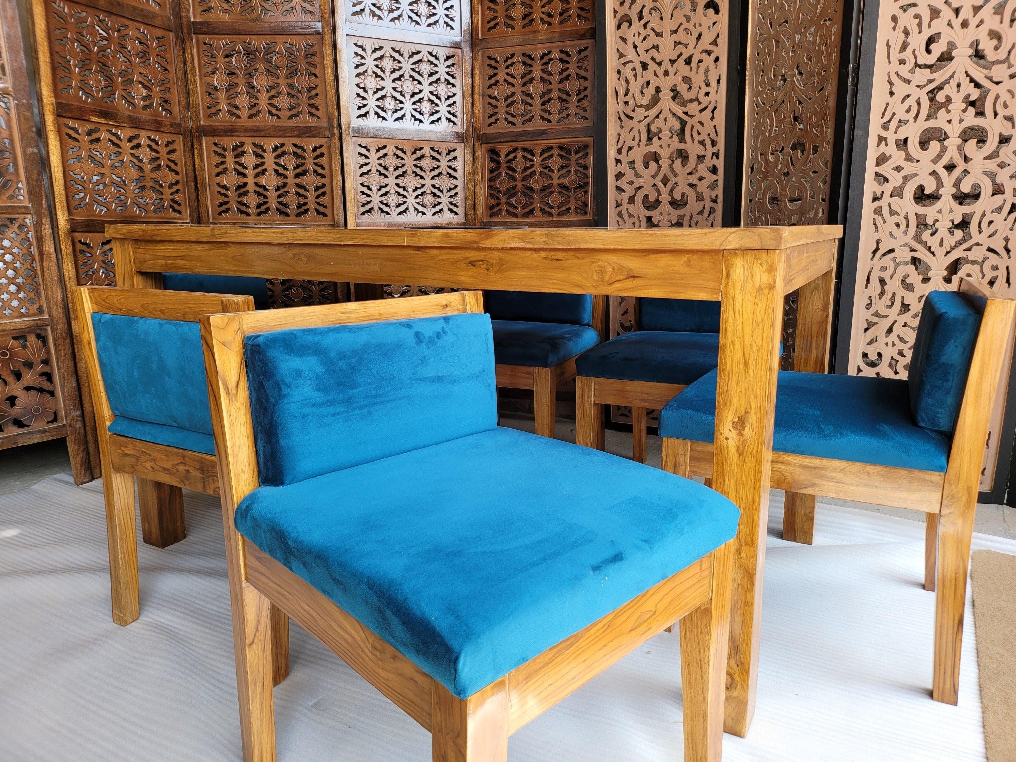 Royal Teak Wood 6 Seater Dining Set In Teal Blue - WoodenTwist