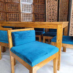 Royal Teak Wood 6 Seater Dining Set In Teal Blue - WoodenTwist