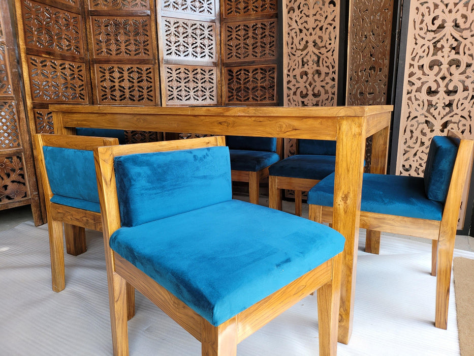 Royal Teak Wood 6 Seater Dining Set In Teal Blue - WoodenTwist