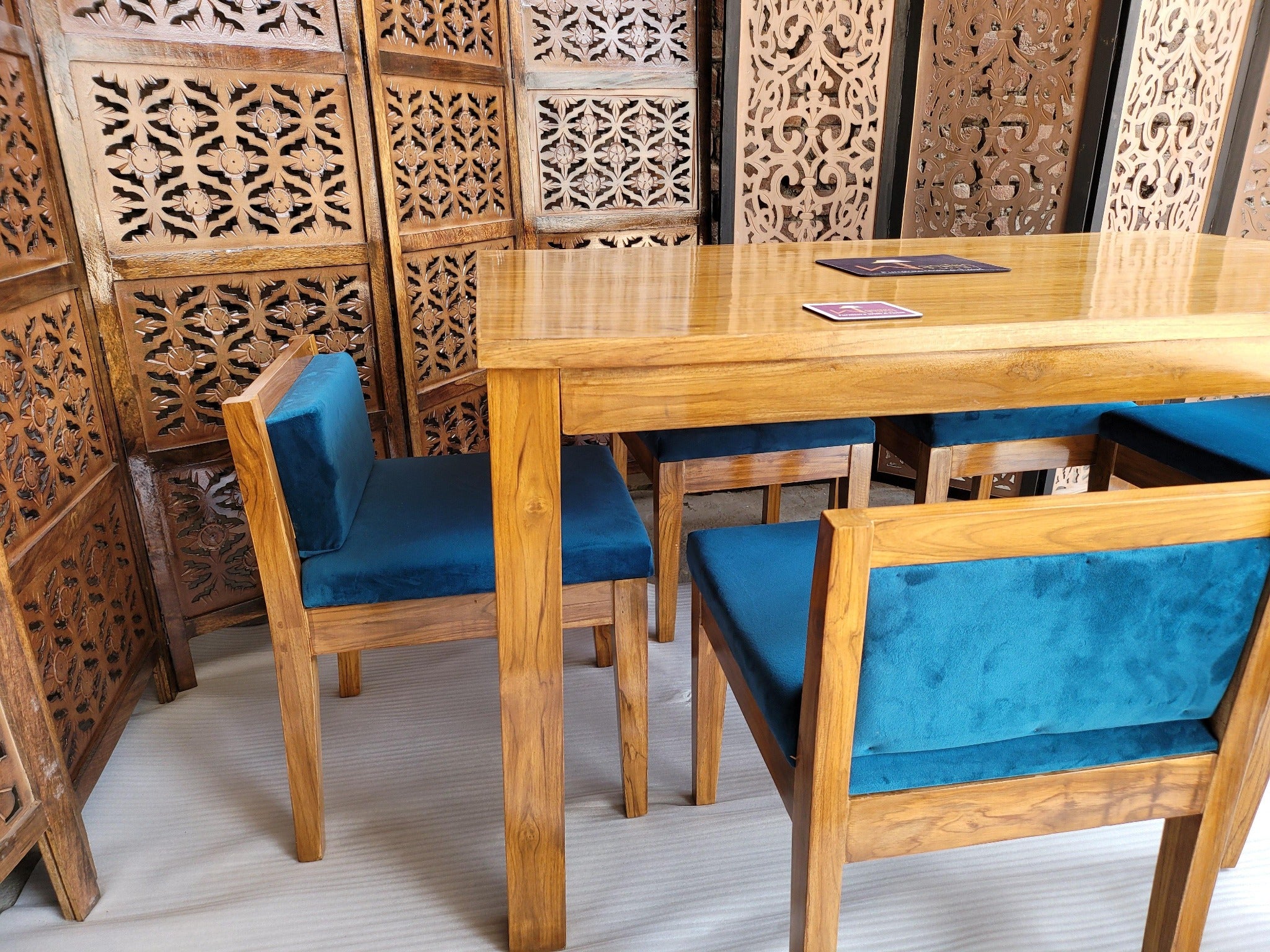 Royal Teak Wood 6 Seater Dining Set In Teal Blue - WoodenTwist