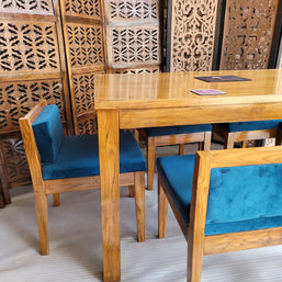 Royal Teak Wood 6 Seater Dining Set In Teal Blue - WoodenTwist