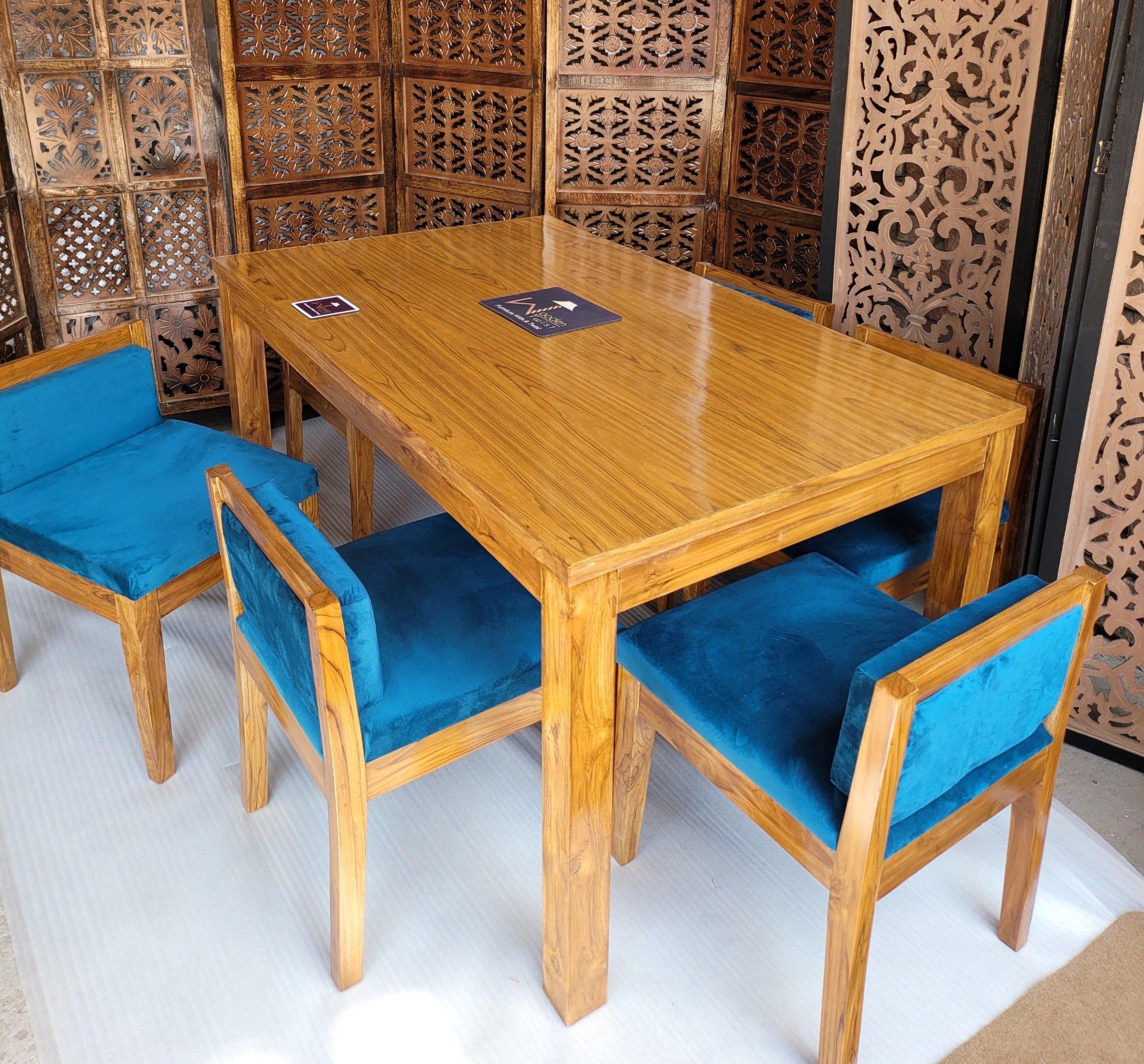 Royal Teak Wood 6 Seater Dining Set In Teal Blue - WoodenTwist