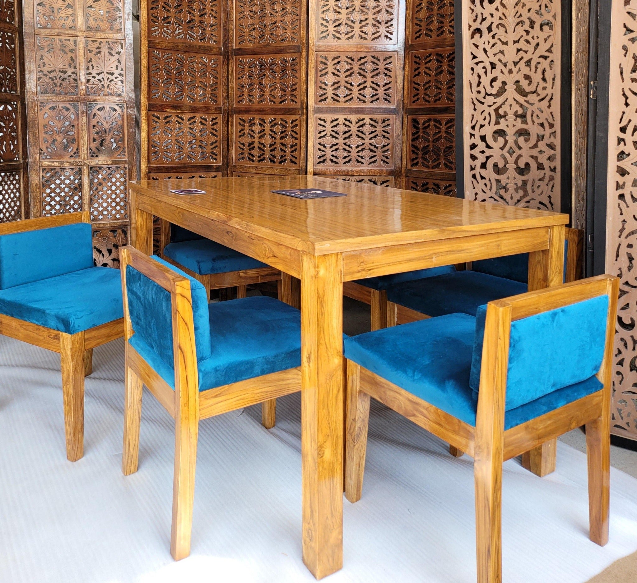 Royal Teak Wood 6 Seater Dining Set In Teal Blue - WoodenTwist