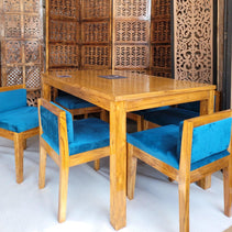 Royal Teak Wood 6 Seater Dining Set In Teal Blue - WoodenTwist