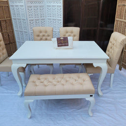 Elegant Teak Wood 6 Seater Dining Set with Bench (Pure White) - WoodenTwist