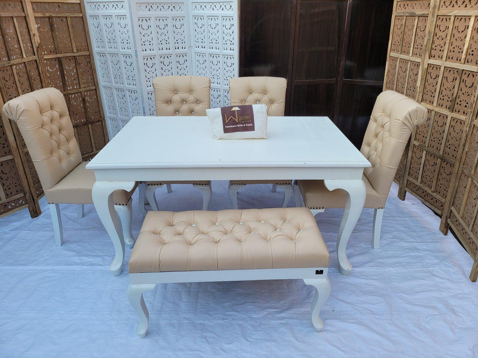 Elegant Teak Wood 6 Seater Dining Set with Bench (Pure White) - WoodenTwist