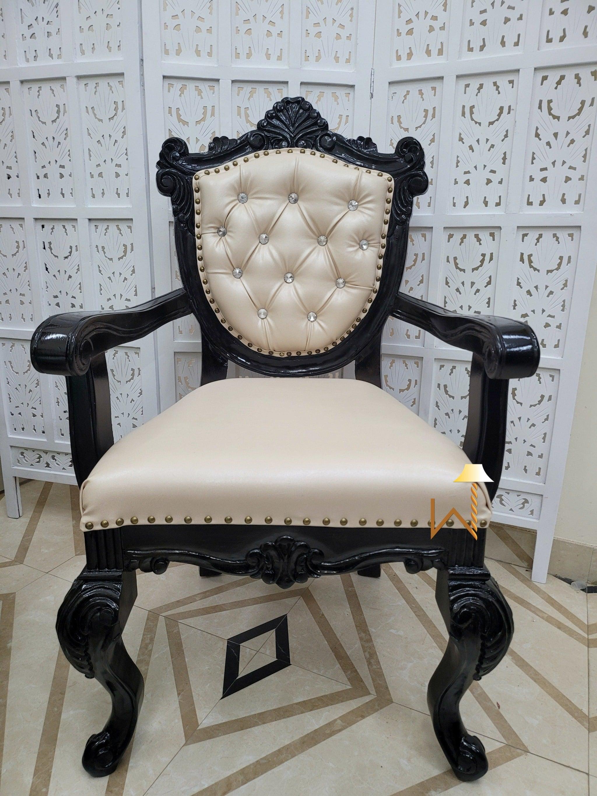 Wooden Arm Chair with Tufted Button In Black - WoodenTwist