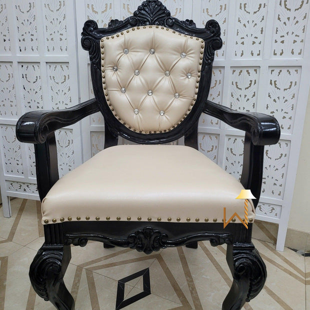 Wooden Arm Chair with Tufted Button In Black - WoodenTwist