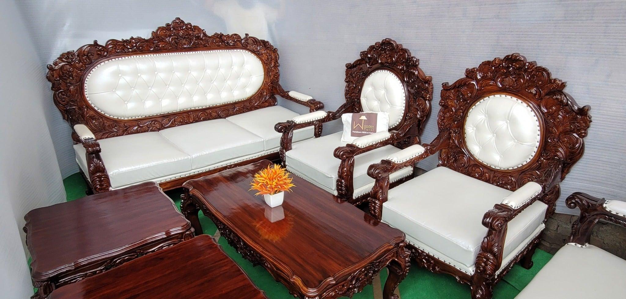 Royal Antique Brown Carved Sofa Set 8 Seater - WoodenTwist