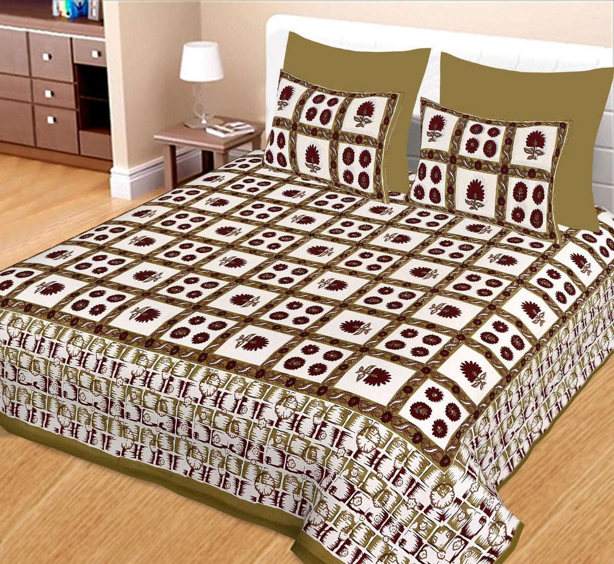 Rajasthani Traditional Jaipuri Cotton King Size Double Bed Sheet with Two Pillow Covers - WoodenTwist