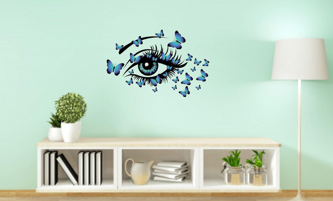 Beautiful Eye with Blue Blowing Butterflies Wall Sticker - WoodenTwist