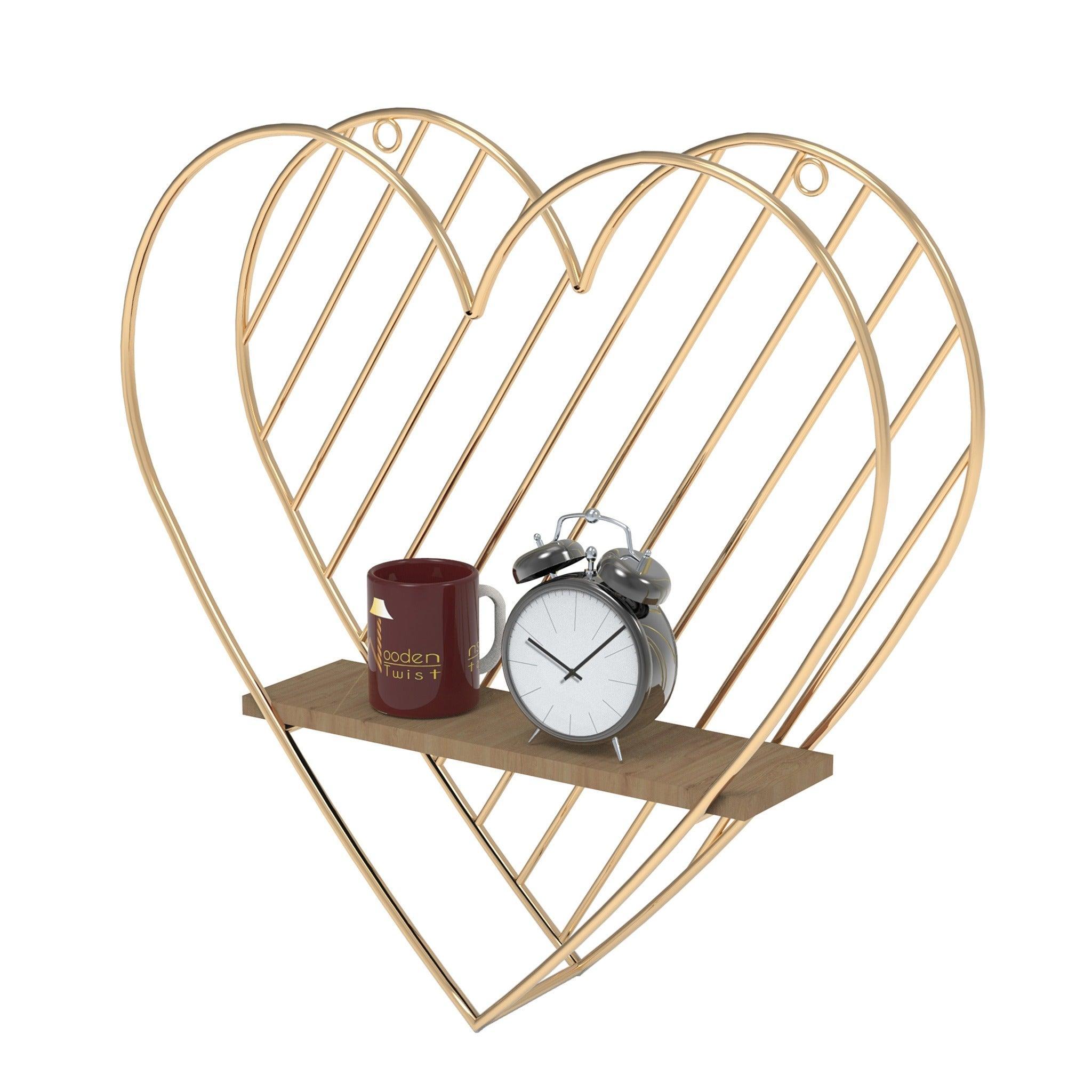 Golden wood and wrought iron heart wall shelf close-up