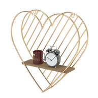Golden wood and wrought iron heart wall shelf close-up