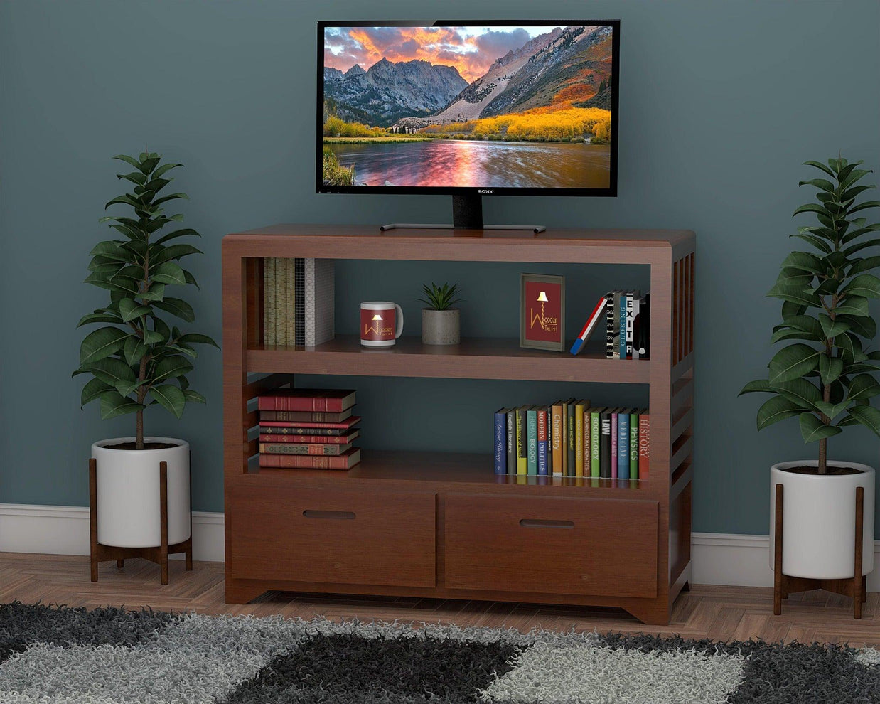 Wooden Twist Pierce Mango Wood TV Unit - Honey Finish, angle view