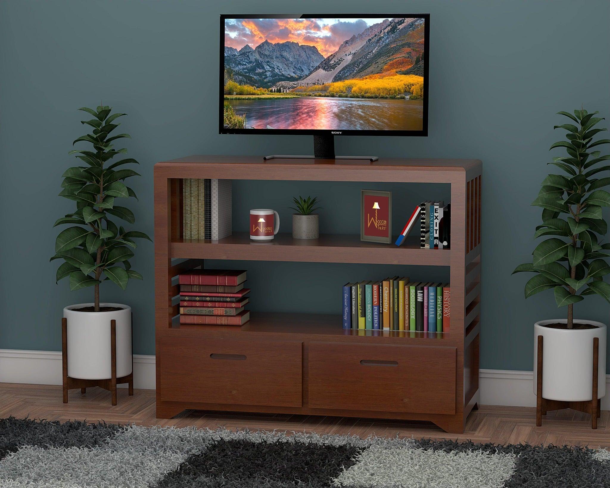 Wooden Twist Pierce Mango Wood TV Unit - Honey Finish, angle view