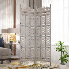 Carved Wood Room Divider Screen Antique White Wash Rustic Finish - WoodenTwist