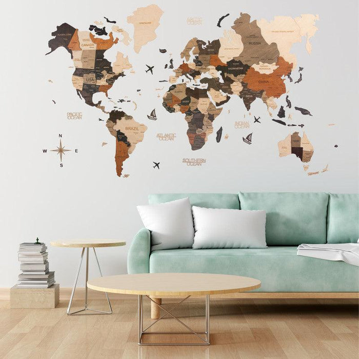 3D Wooden World Map Multicolor Prime - WoodenTwist