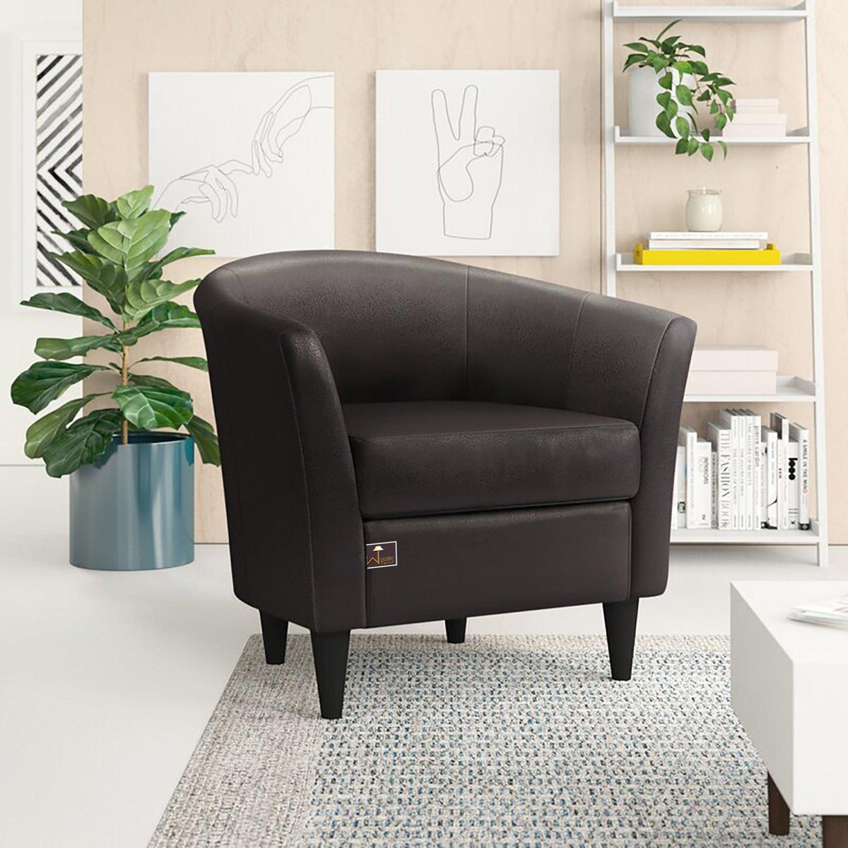 The Solid Wood Leatherette Barrel Arm Chair