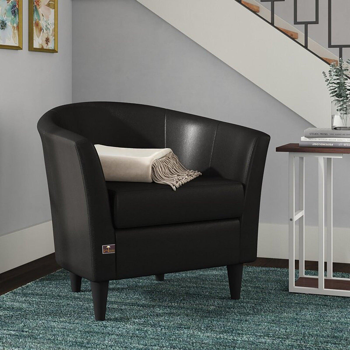 The Solid Wood Leatherette Barrel Arm Chair
