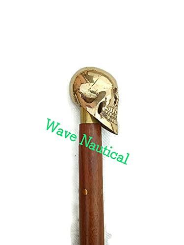 Antique Brass Handle Vintage Style Wooden Walking Cane Stick Skull Head - WoodenTwist