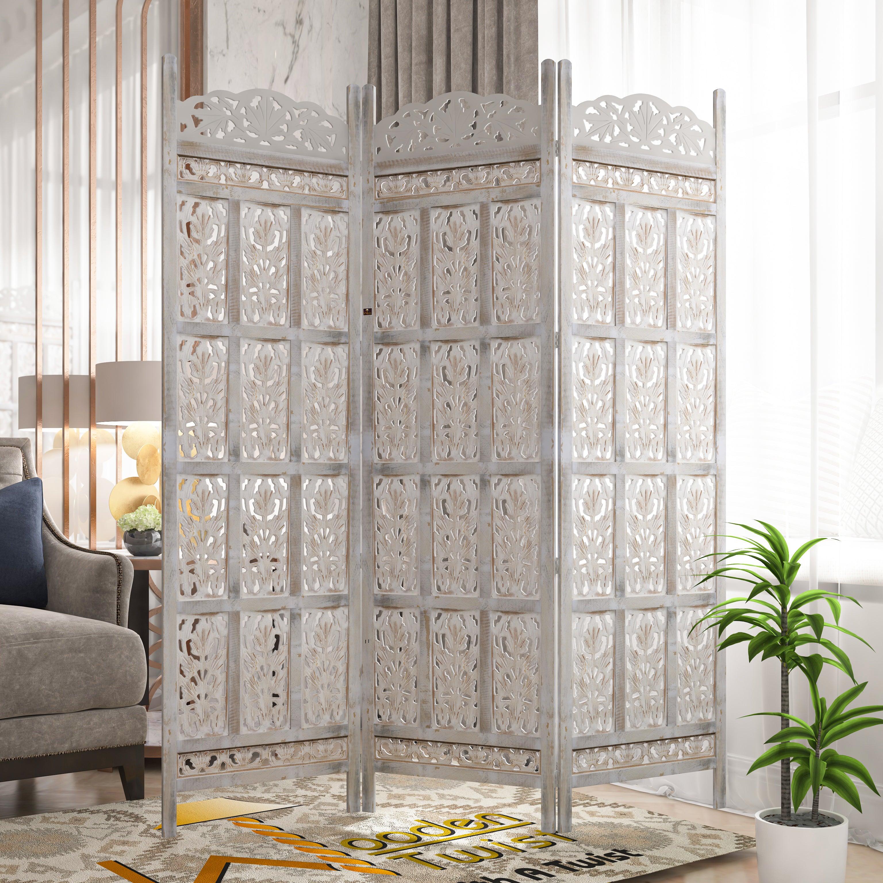 Carved Wood Room Divider Screen Antique White Wash Rustic Finish - WoodenTwist