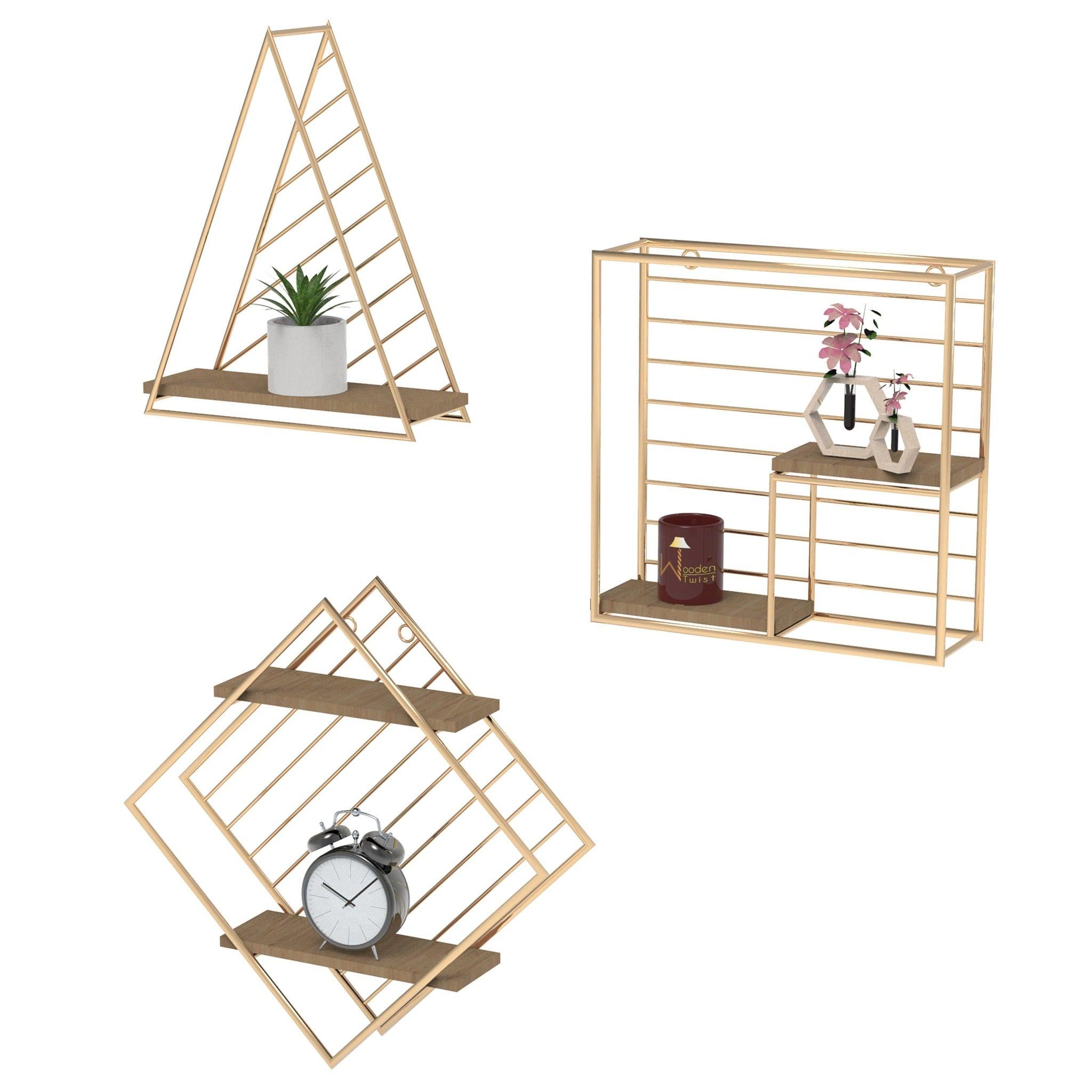 Metallic Twist Wood Iron Storage Wall Shelf Set Of 3 - WoodenTwist