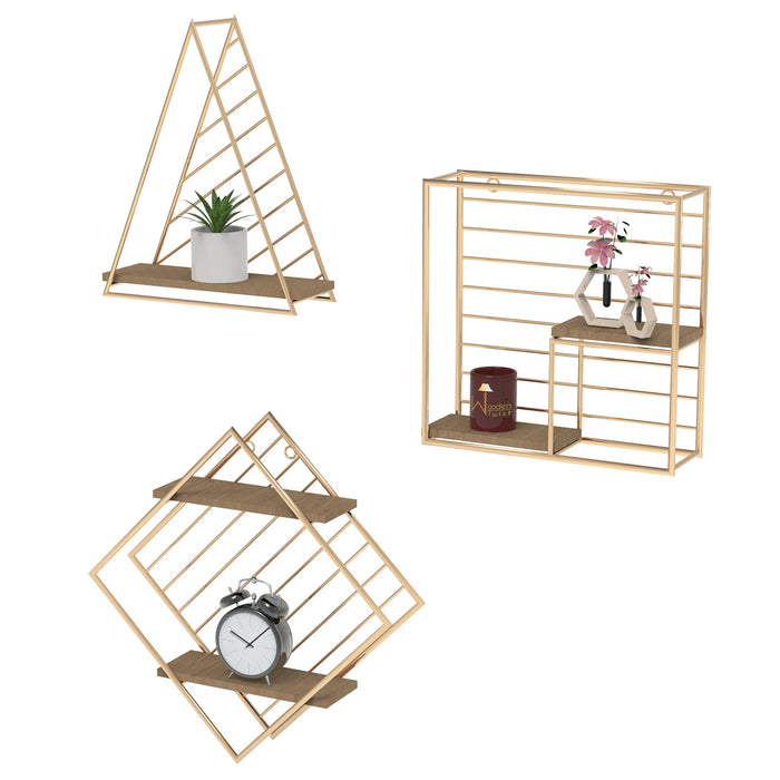 Metallic Twist Wood Iron Storage Wall Shelf Set Of 3 - WoodenTwist
