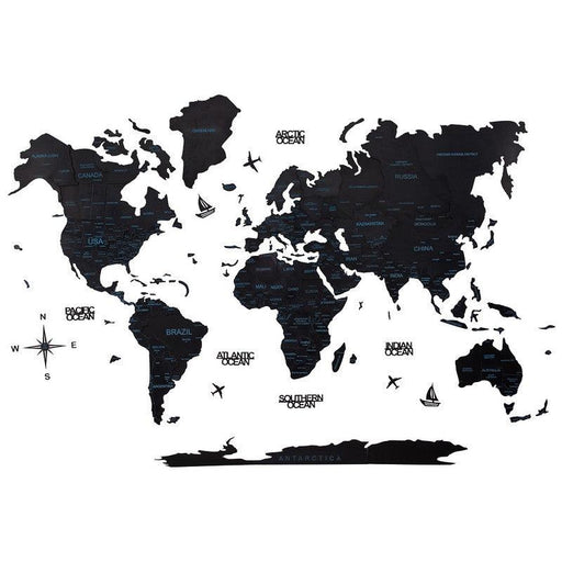 3D Colored Wooden World Map Obsidian Black Prime - WoodenTwist