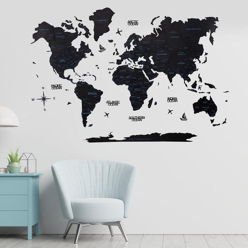 3D Colored Wooden World Map Obsidian Black Prime - WoodenTwist