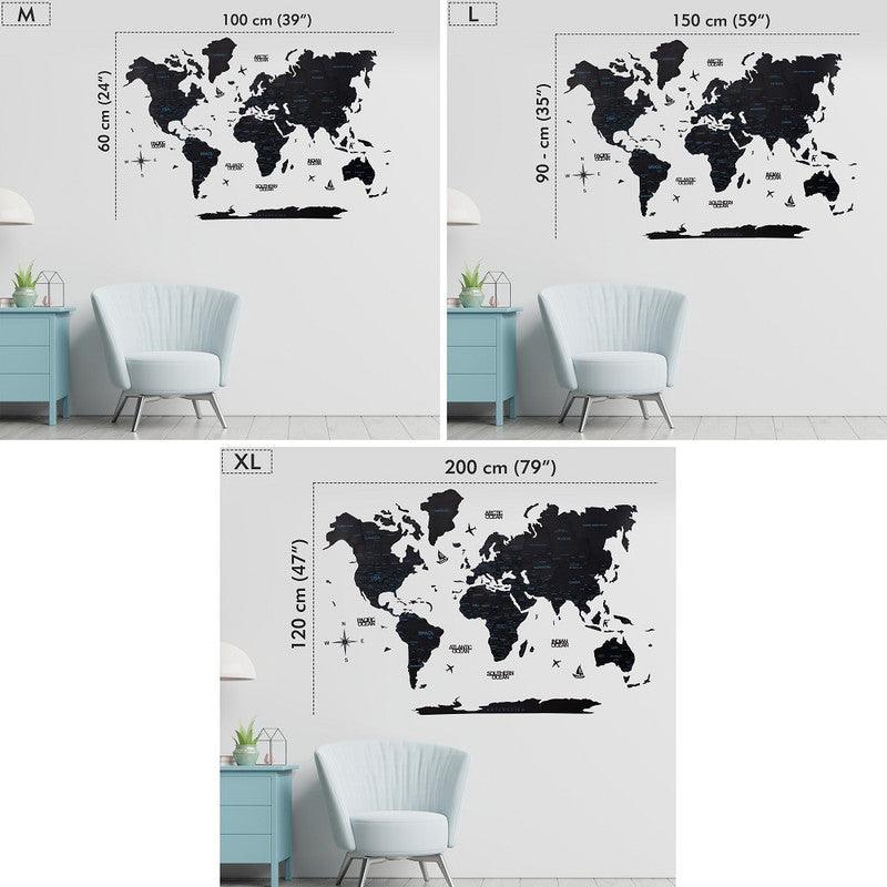 3D Colored Wooden World Map Obsidian Black Prime - WoodenTwist