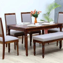 Hand Carved Compact Design 6 Seater Dining Set with 1 Bench - WoodenTwist