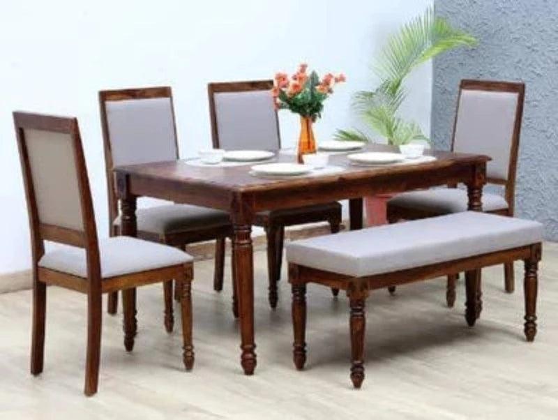 Hand Carved Compact Design 6 Seater Dining Set with 1 Bench - WoodenTwist